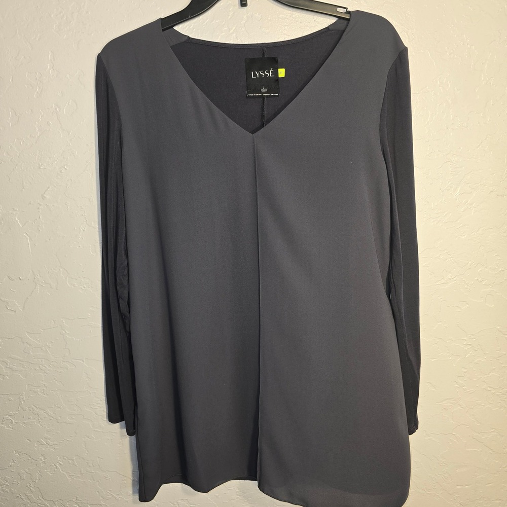 Lysse Mixed Media Tunic Top Size M Womens Charcoal Gray V-Neck Long Sleeve